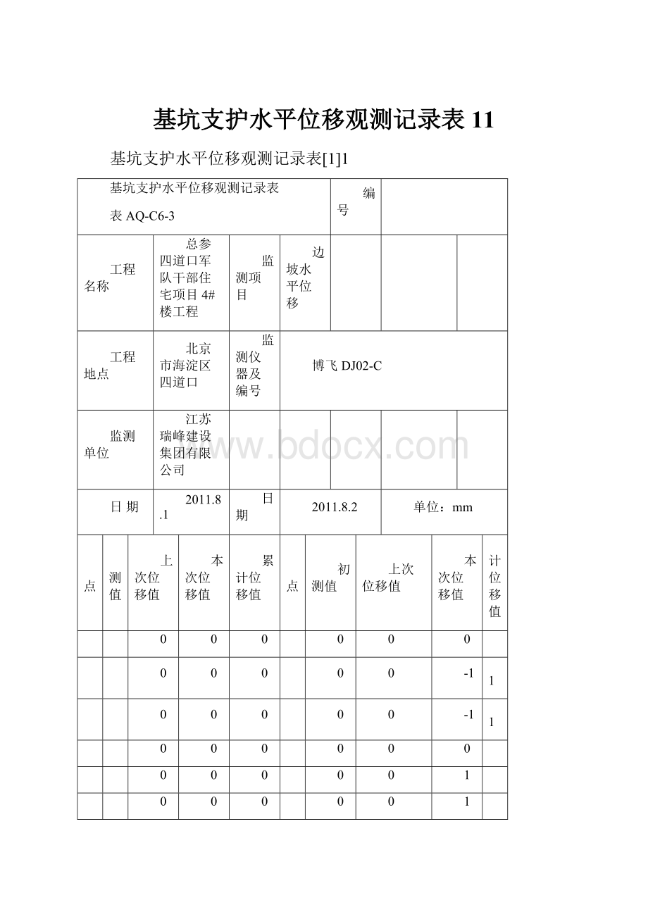 基坑支护水平位移观测记录表11.docx_第1页