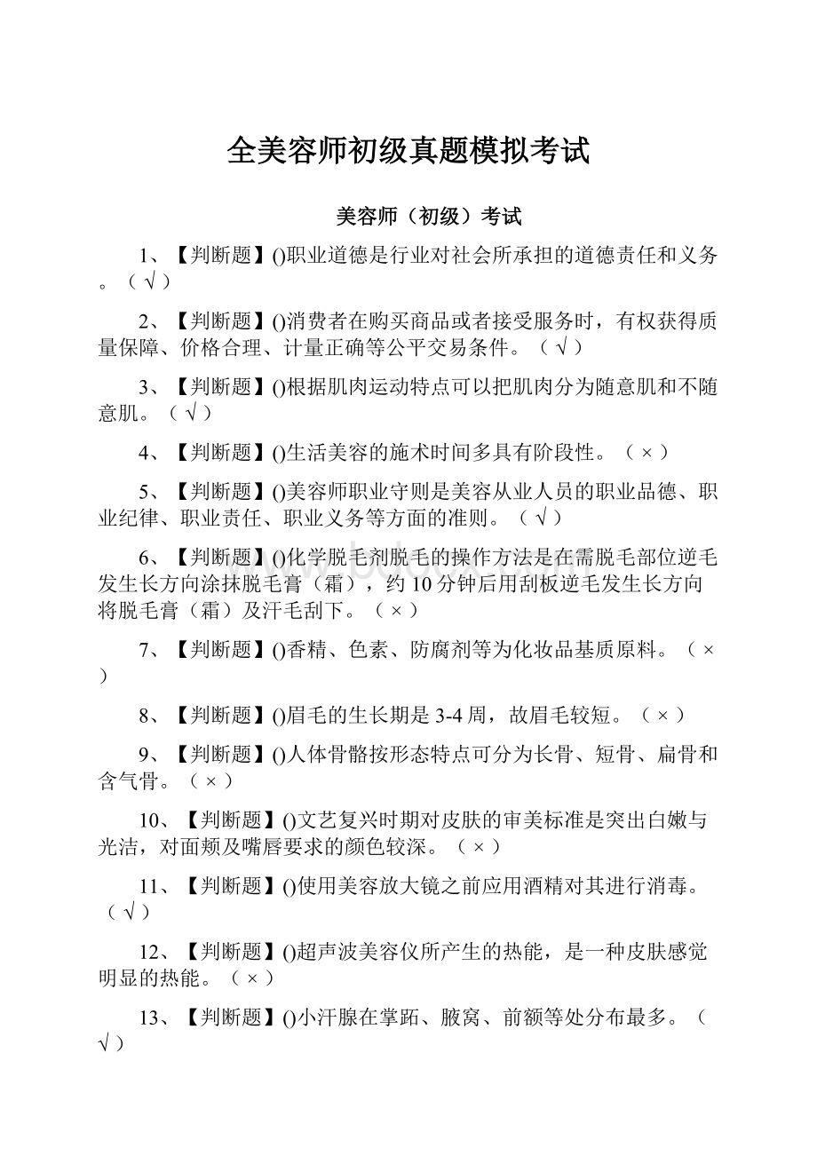 全美容师初级真题模拟考试.docx_第1页