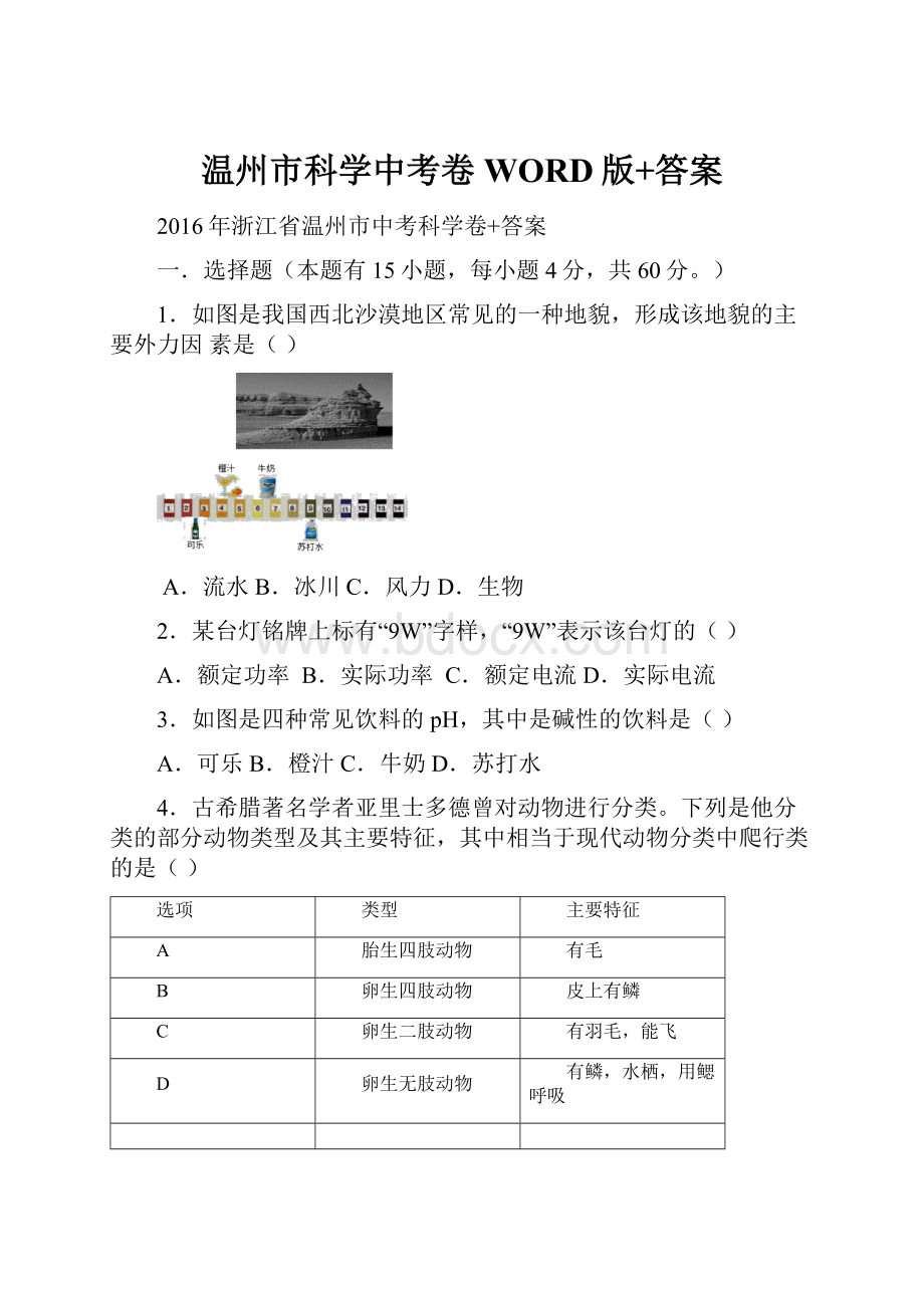 温州市科学中考卷WORD版+答案.docx