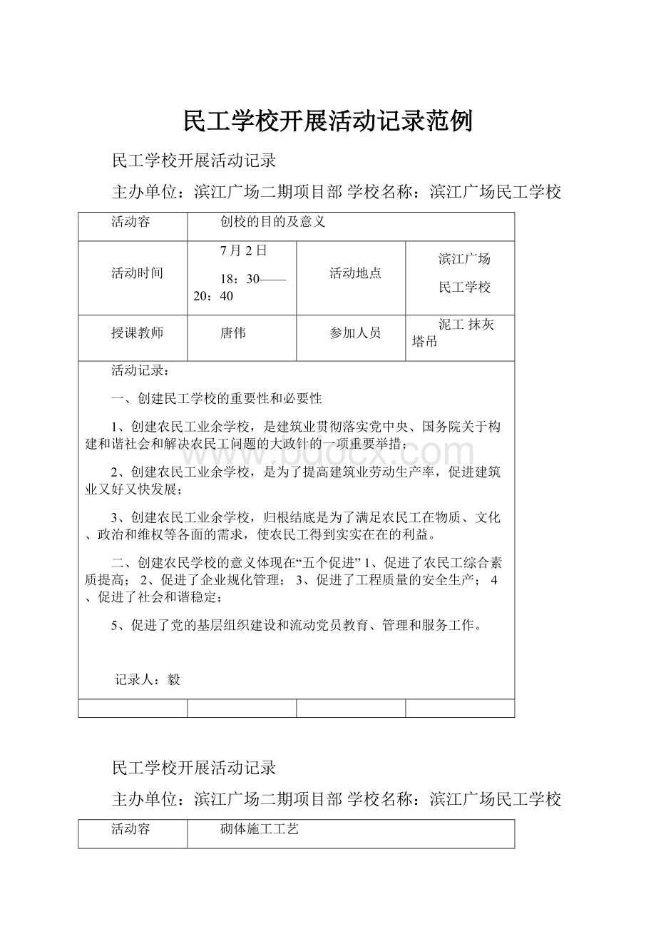 民工学校开展活动记录范例.docx