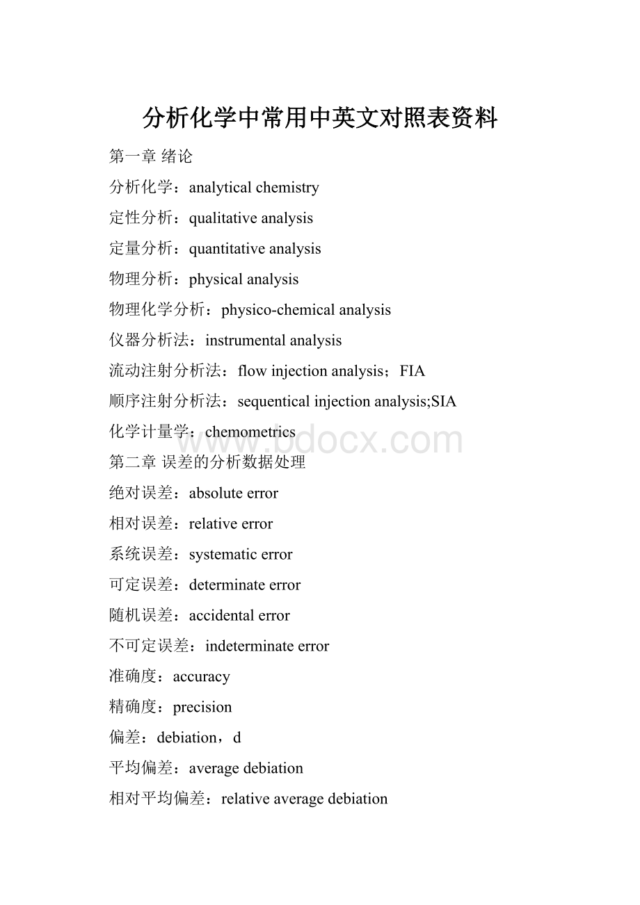 分析化学中常用中英文对照表资料.docx