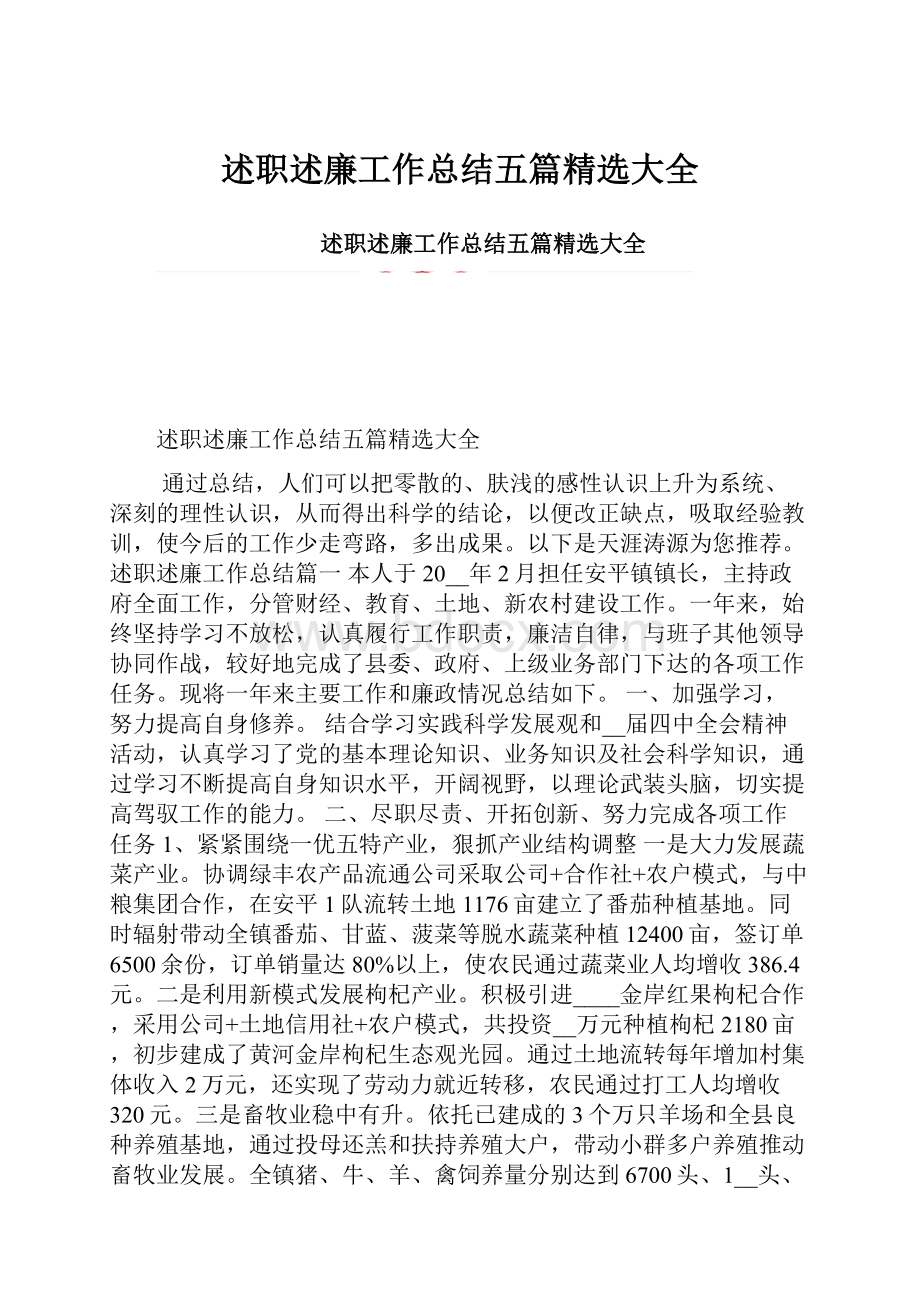 述职述廉工作总结五篇精选大全.docx