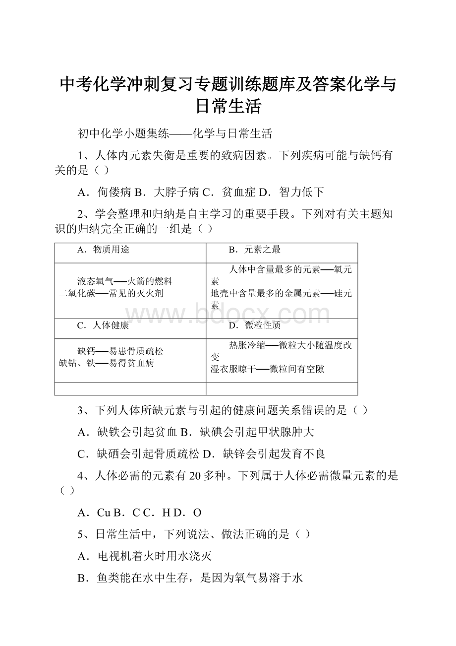 中考化学冲刺复习专题训练题库及答案化学与日常生活.docx