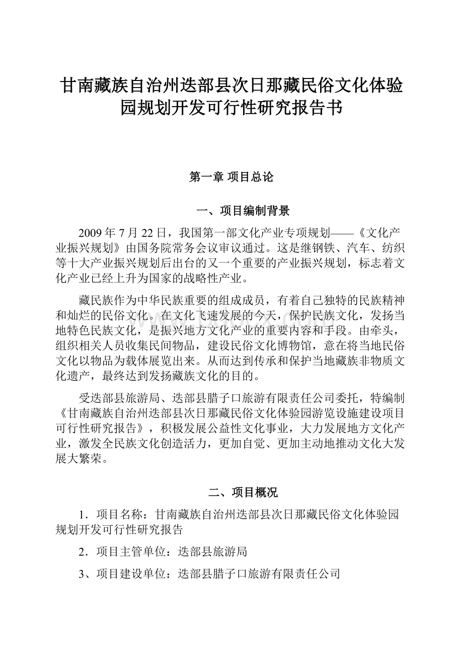 甘南藏族自治州迭部县次日那藏民俗文化体验园规划开发可行性研究报告书.docx_第1页