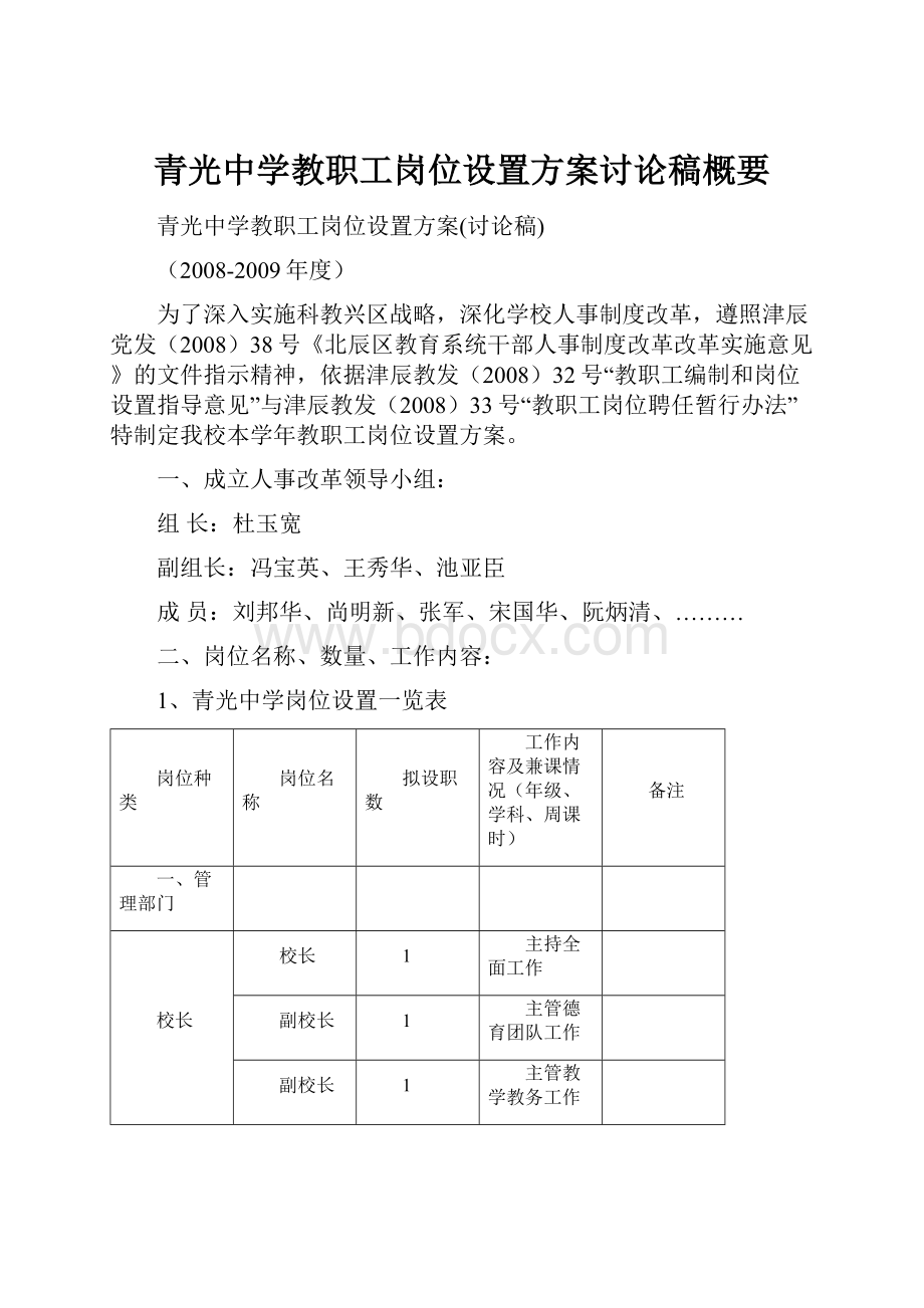 青光中学教职工岗位设置方案讨论稿概要.docx