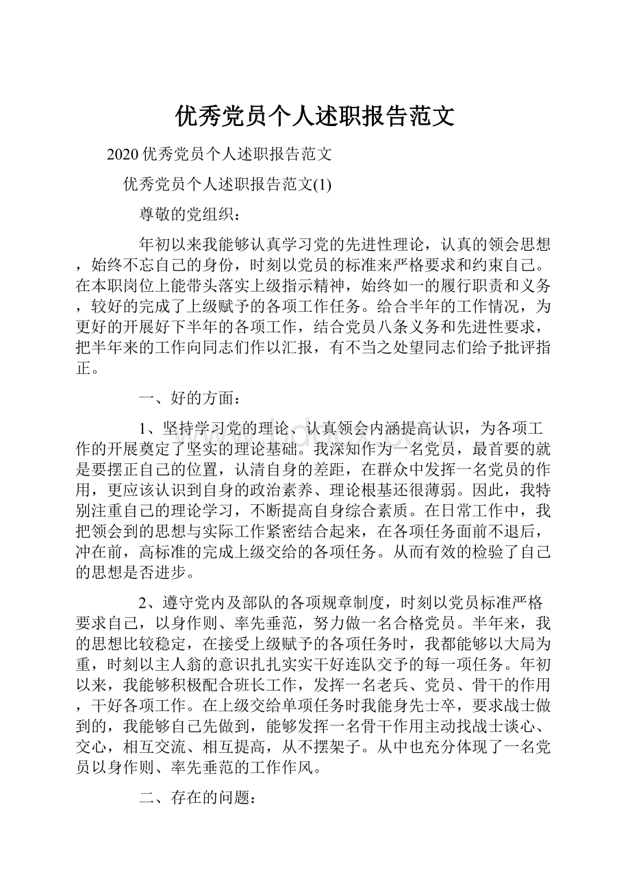 优秀党员个人述职报告范文.docx_第1页