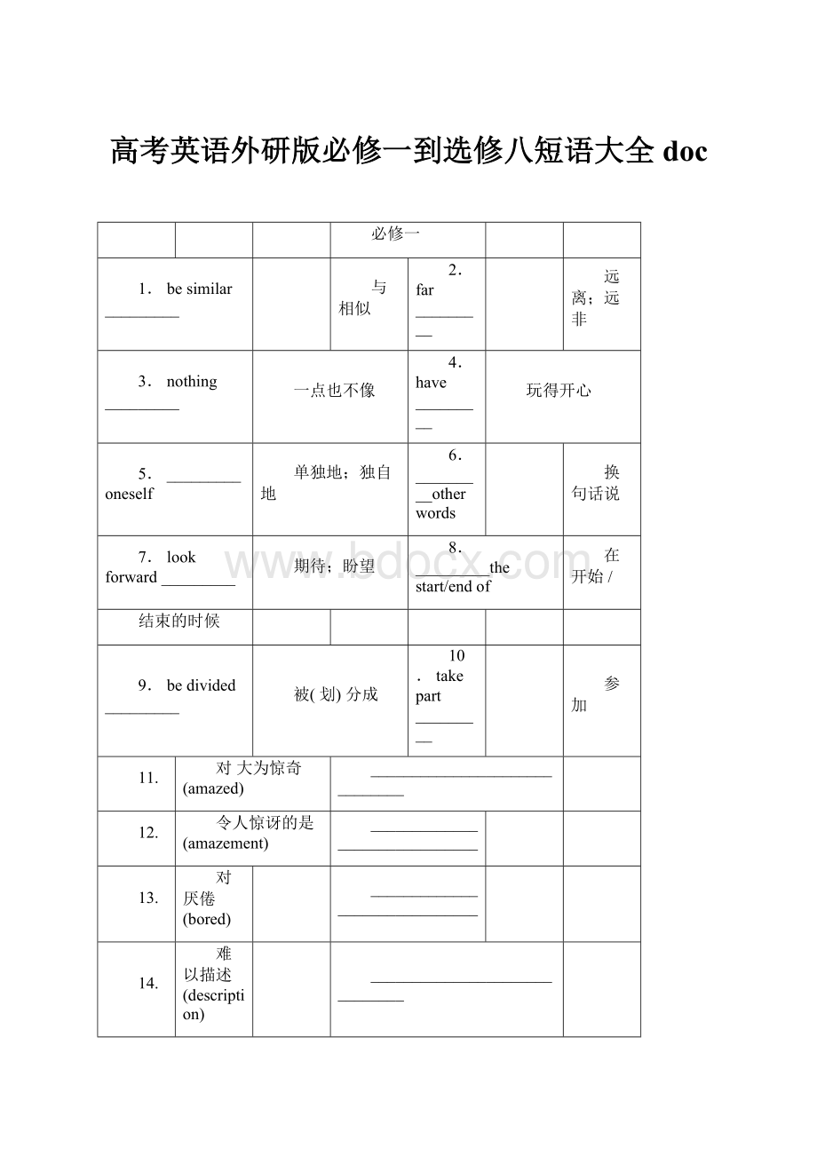 高考英语外研版必修一到选修八短语大全doc.docx