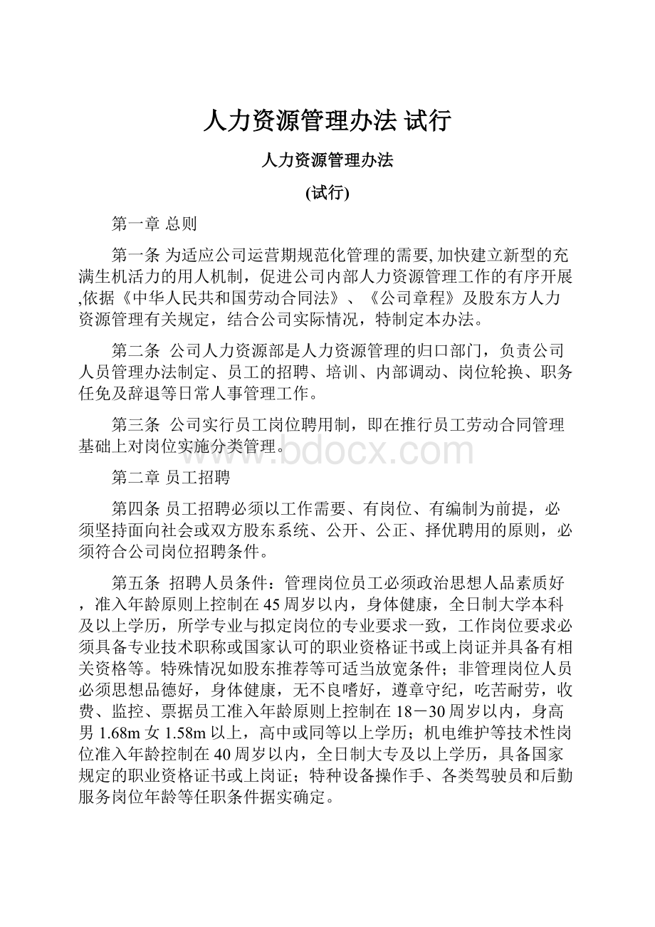 人力资源管理办法 试行.docx