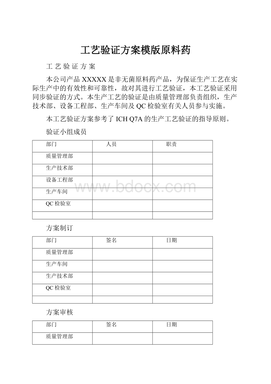 工艺验证方案模版原料药.docx