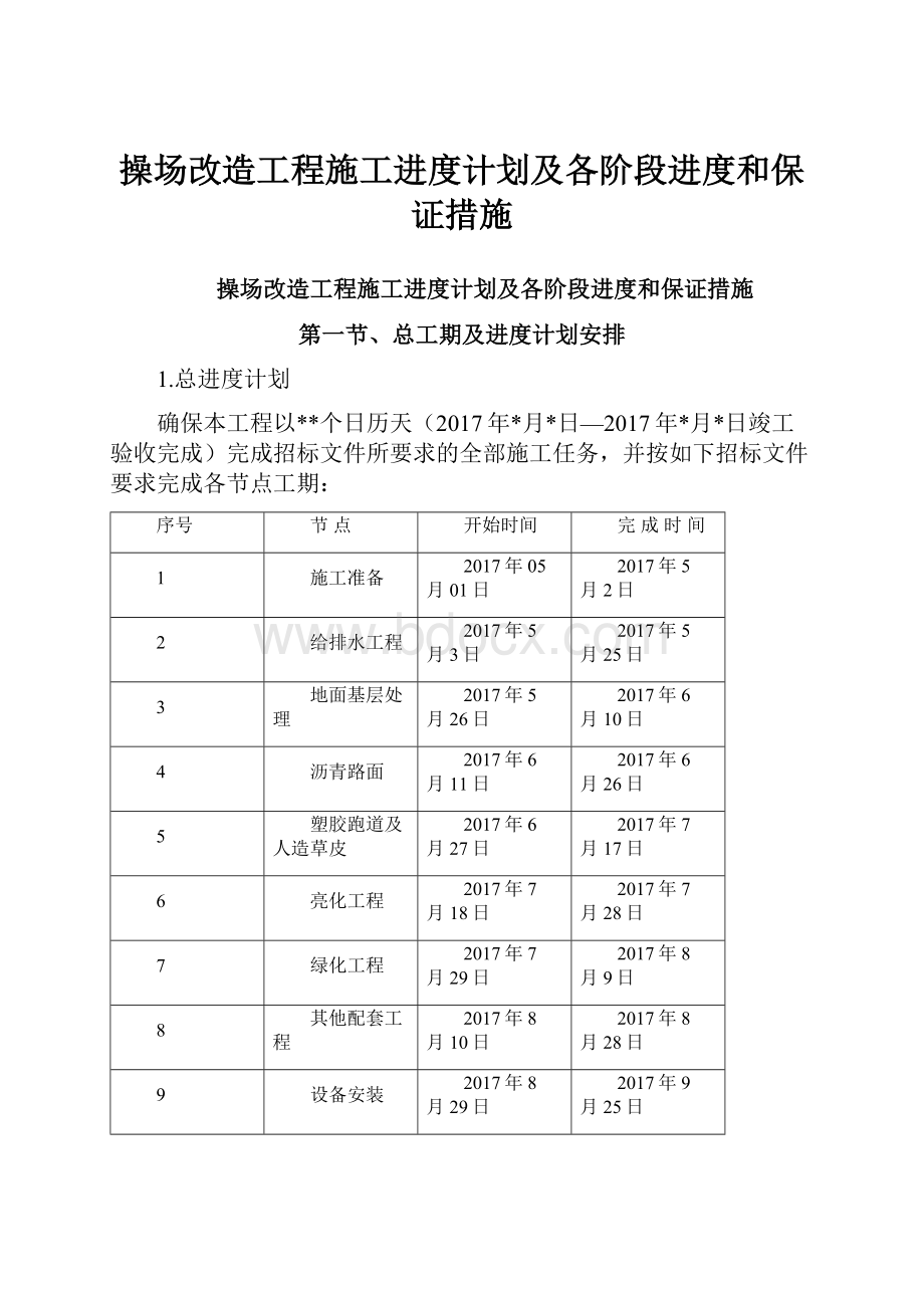 操场改造工程施工进度计划及各阶段进度和保证措施.docx_第1页