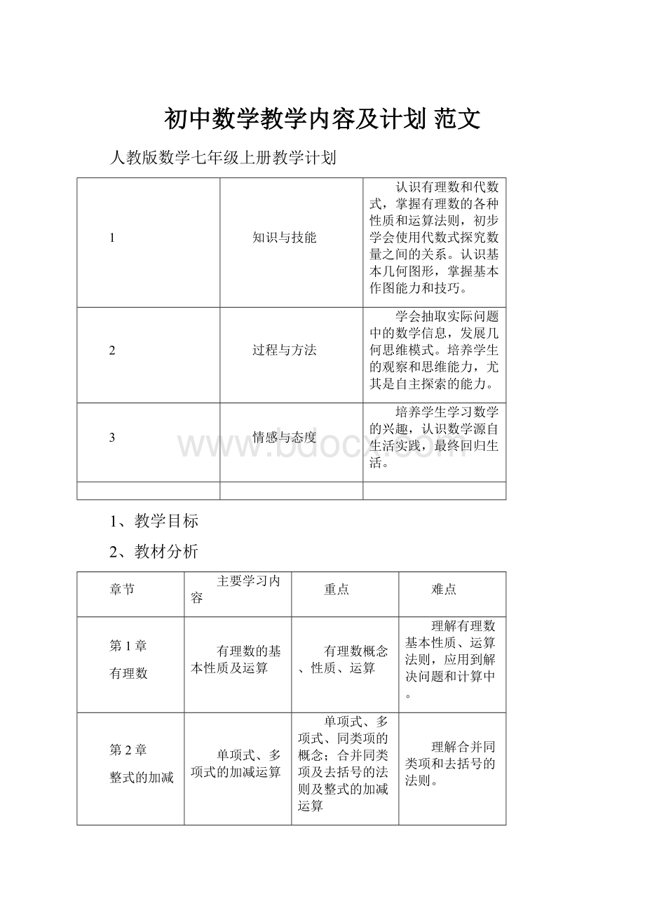 初中数学教学内容及计划 范文.docx