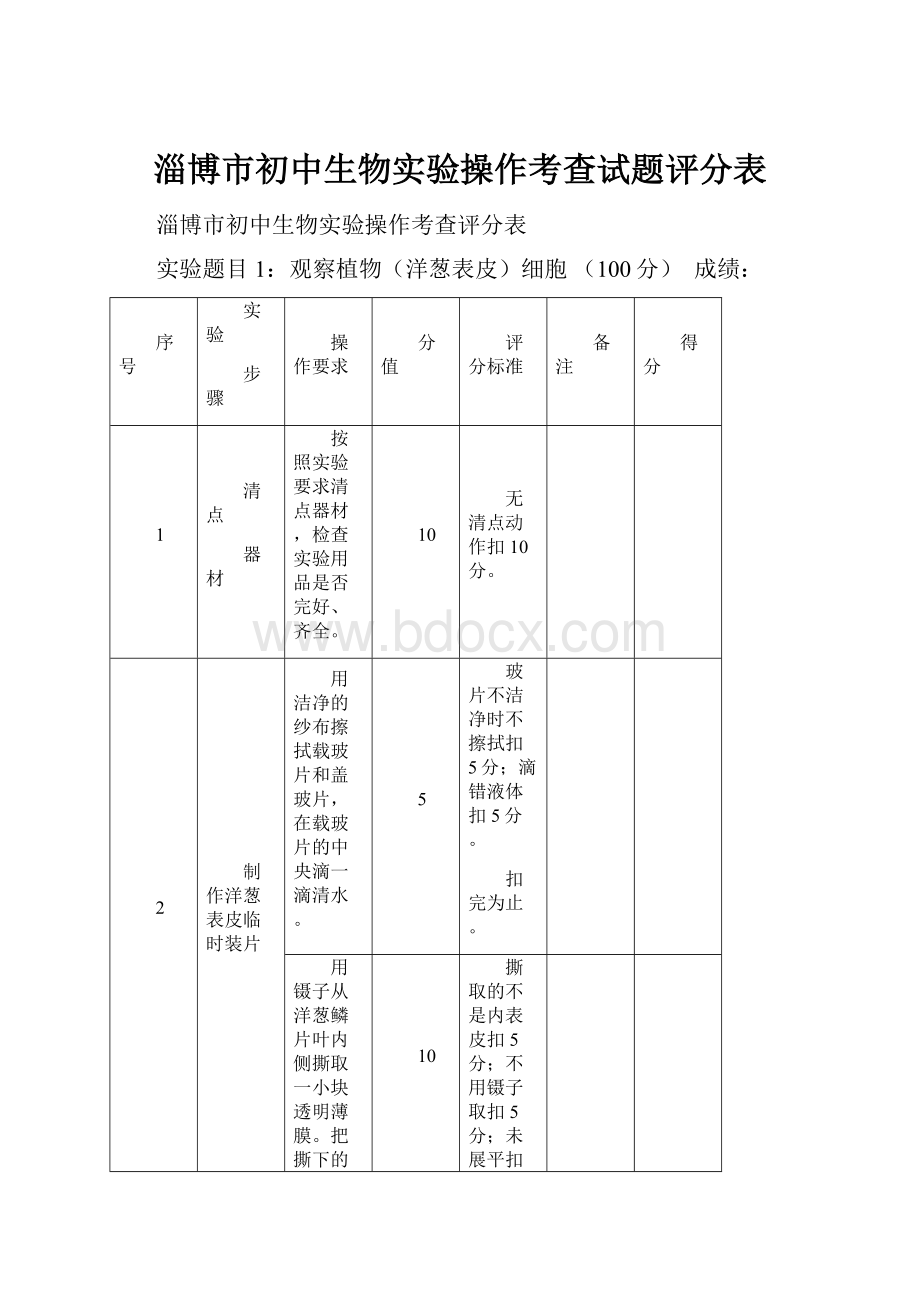 淄博市初中生物实验操作考查试题评分表.docx_第1页