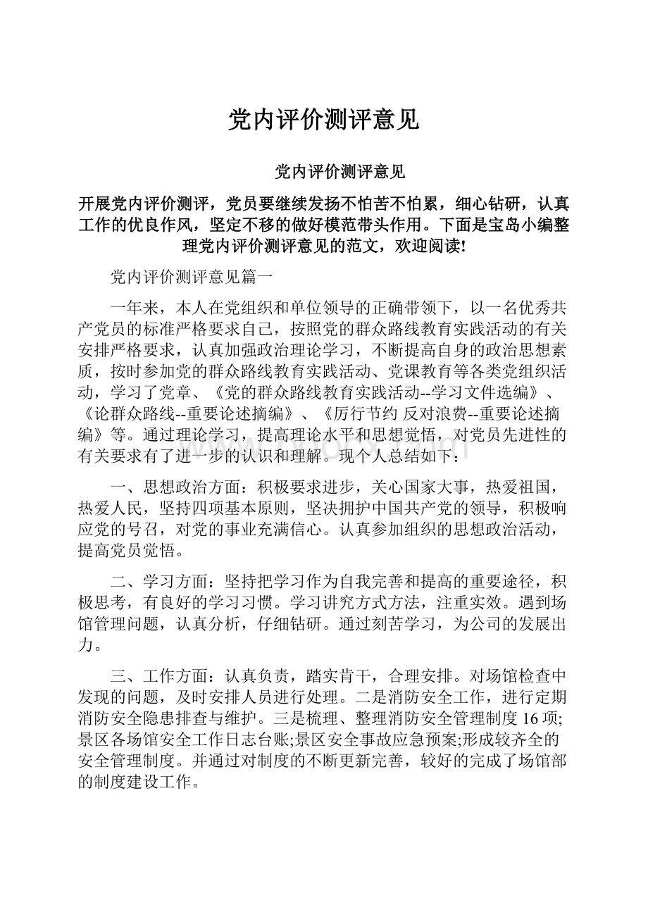 党内评价测评意见.docx