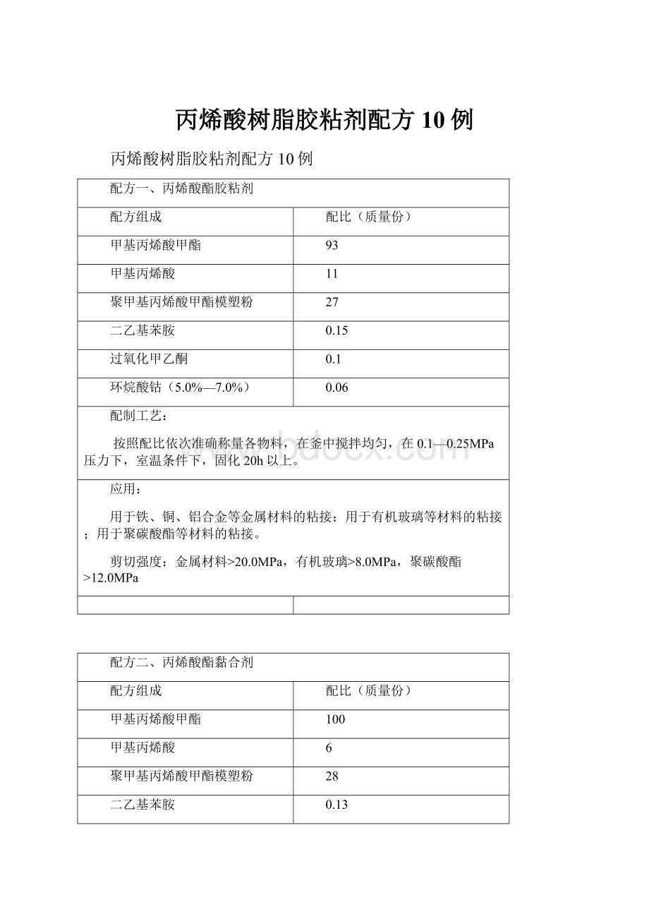 丙烯酸树脂胶粘剂配方10例.docx