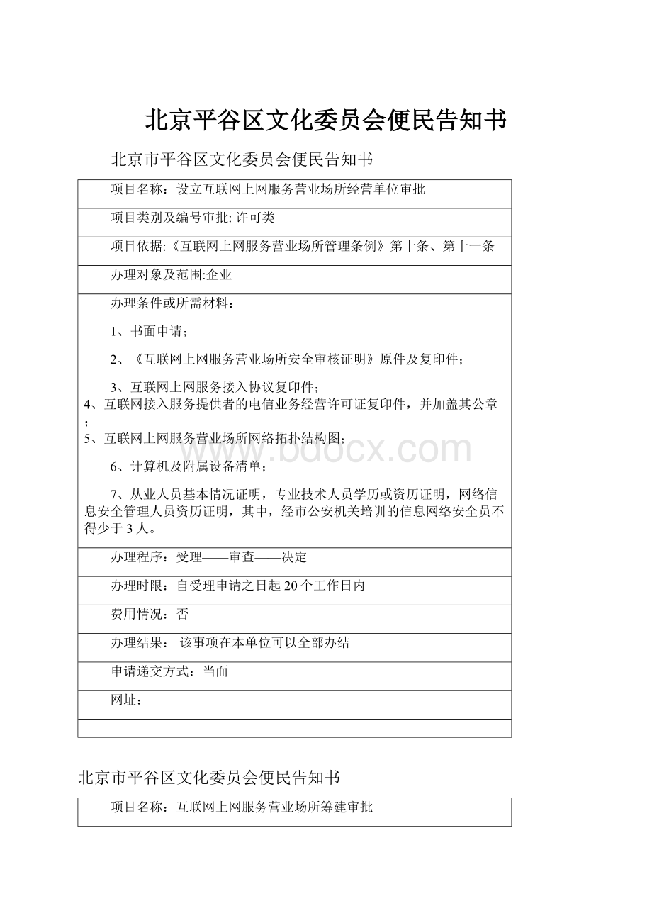 北京平谷区文化委员会便民告知书.docx_第1页