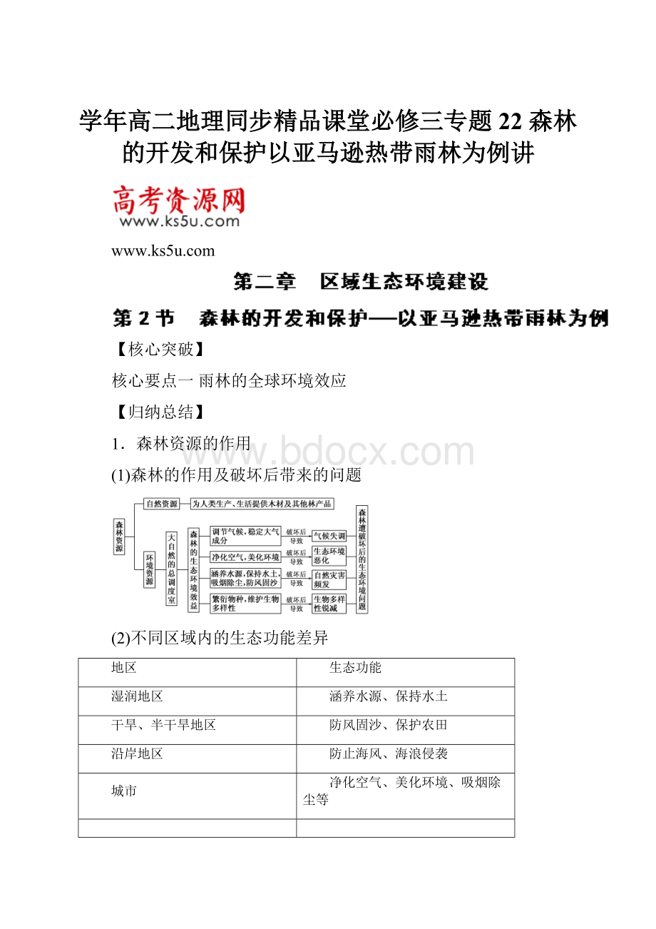 学年高二地理同步精品课堂必修三专题22 森林的开发和保护以亚马逊热带雨林为例讲.docx_第1页