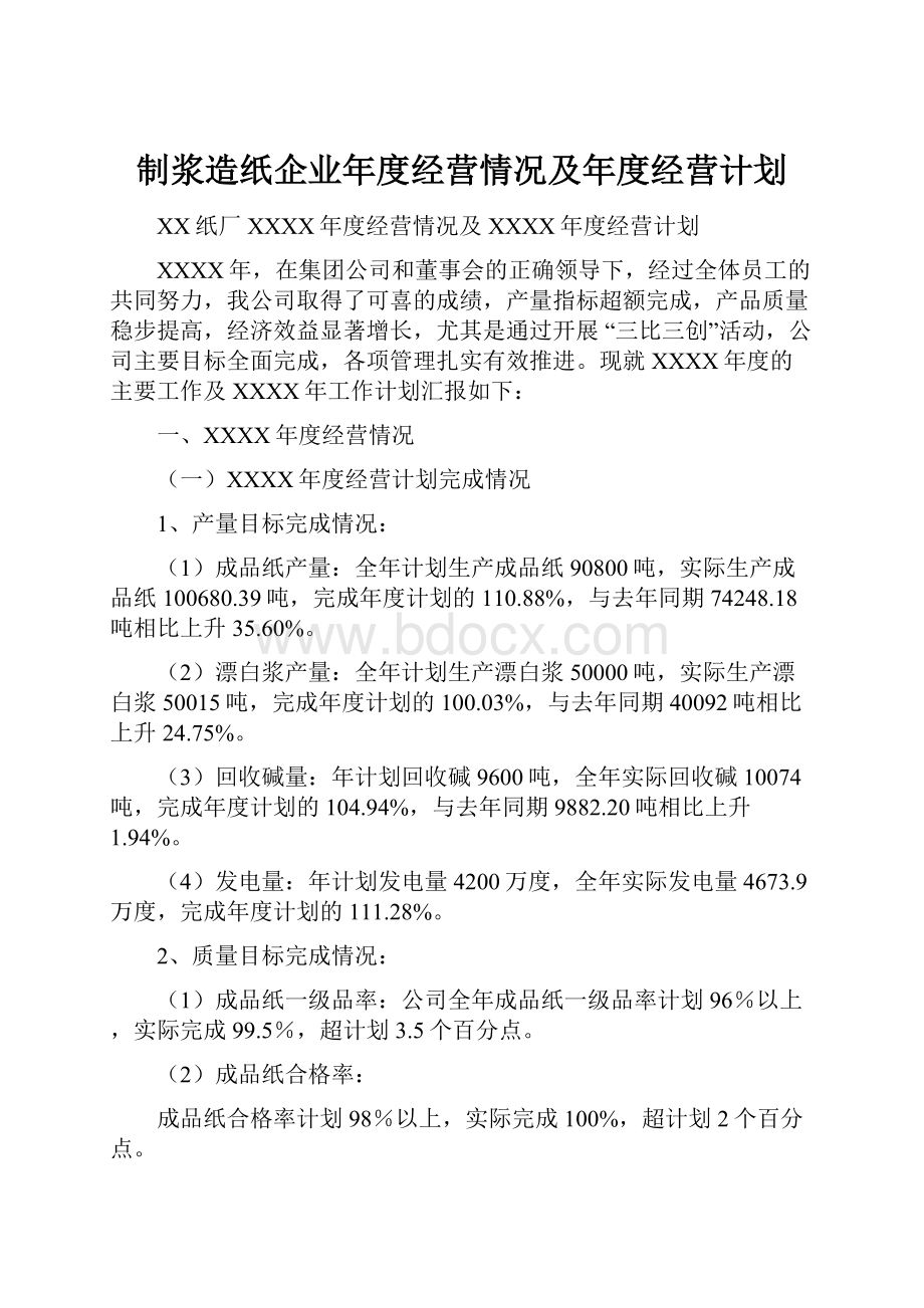 制浆造纸企业年度经营情况及年度经营计划.docx