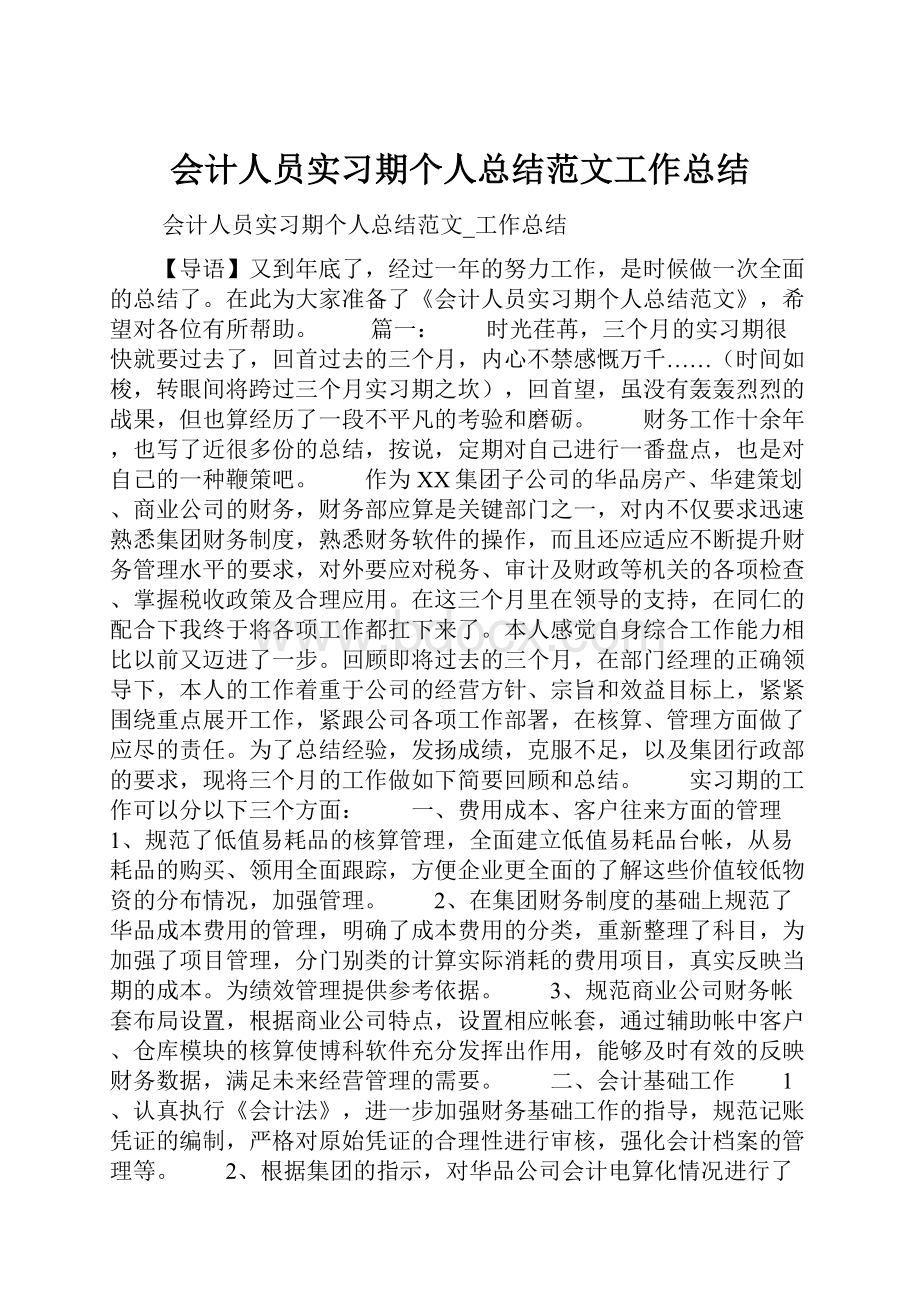 会计人员实习期个人总结范文工作总结.docx