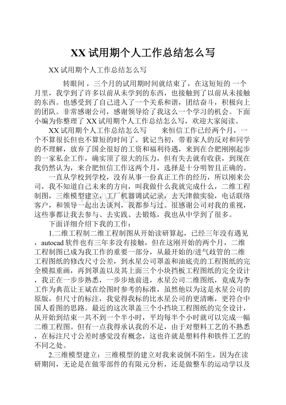 XX试用期个人工作总结怎么写.docx_第1页