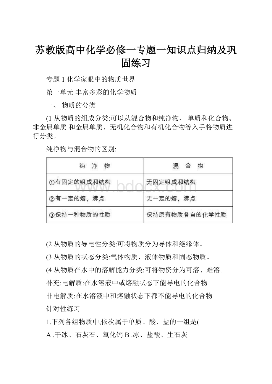 苏教版高中化学必修一专题一知识点归纳及巩固练习.docx