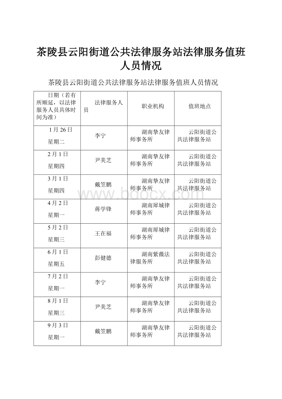 茶陵县云阳街道公共法律服务站法律服务值班人员情况.docx_第1页