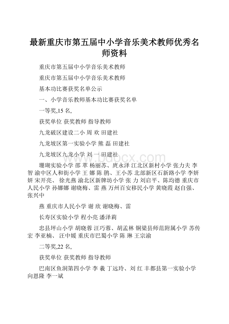 最新重庆市第五届中小学音乐美术教师优秀名师资料.docx