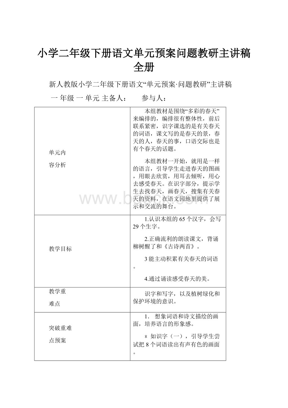 小学二年级下册语文单元预案问题教研主讲稿全册.docx_第1页