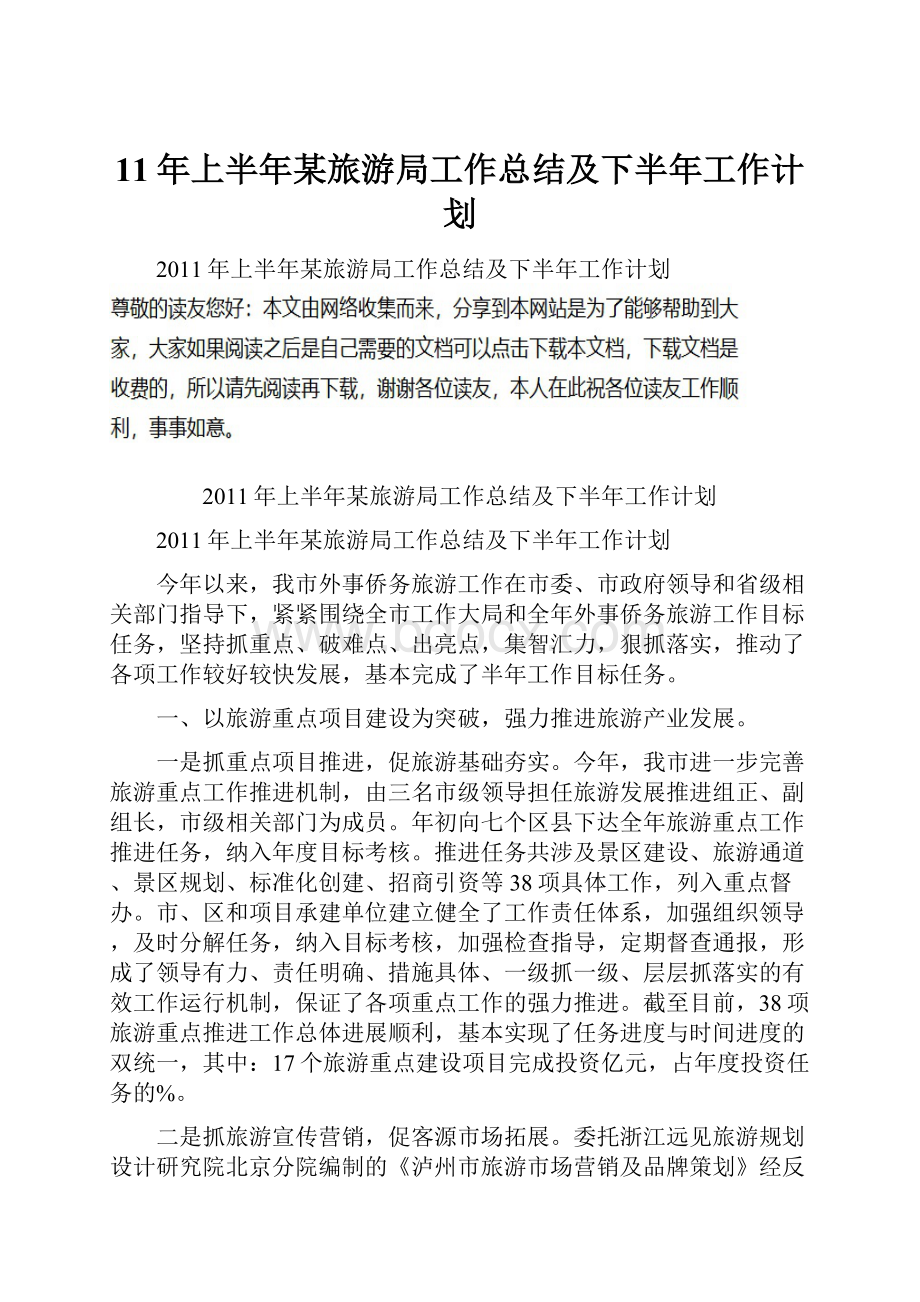 11年上半年某旅游局工作总结及下半年工作计划.docx