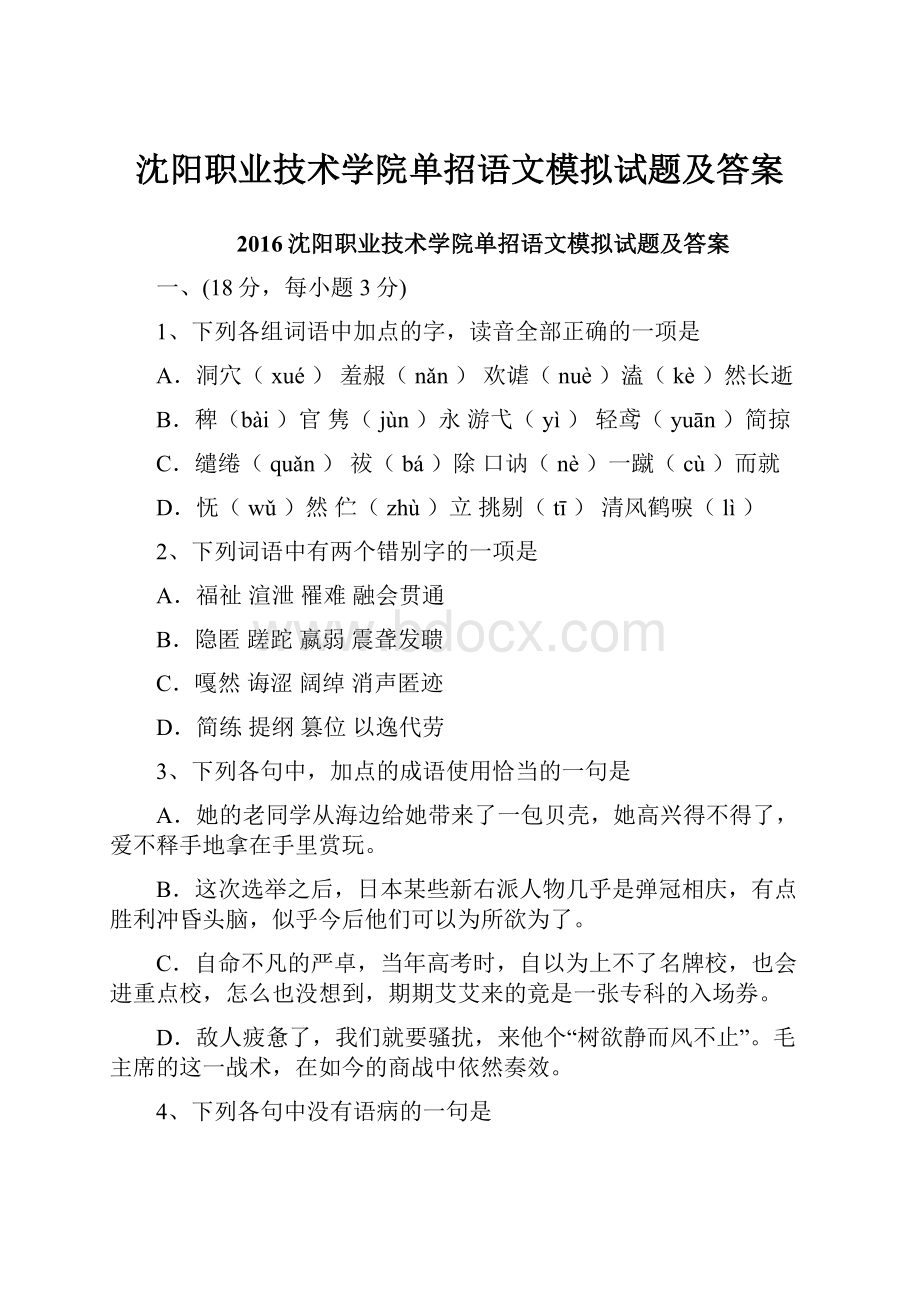 沈阳职业技术学院单招语文模拟试题及答案.docx