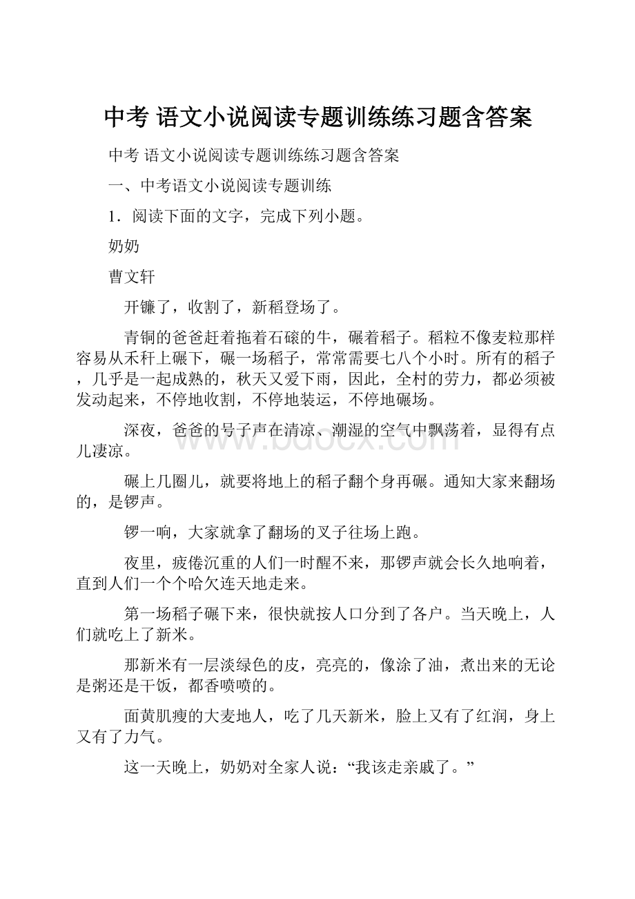 中考 语文小说阅读专题训练练习题含答案.docx