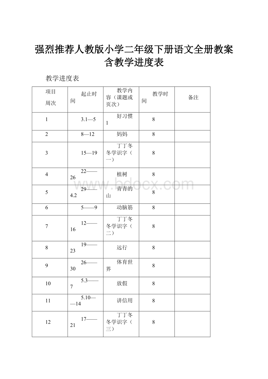 强烈推荐人教版小学二年级下册语文全册教案含教学进度表.docx_第1页