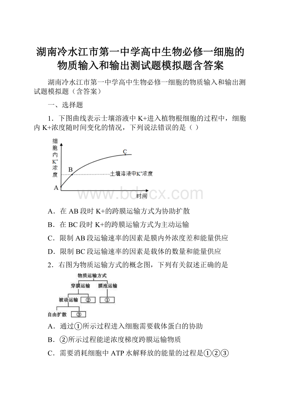 湖南冷水江市第一中学高中生物必修一细胞的物质输入和输出测试题模拟题含答案.docx