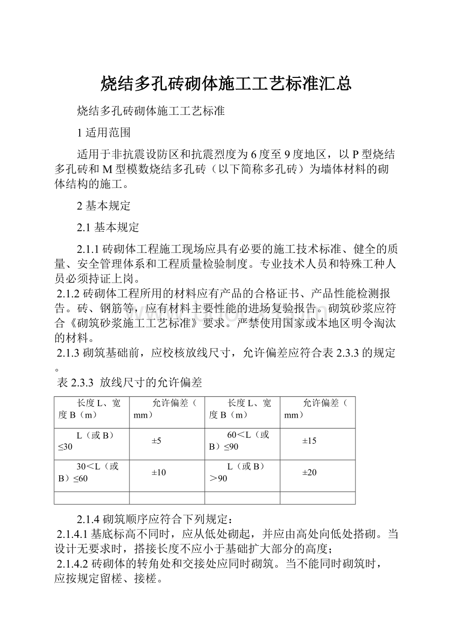 烧结多孔砖砌体施工工艺标准汇总.docx_第1页