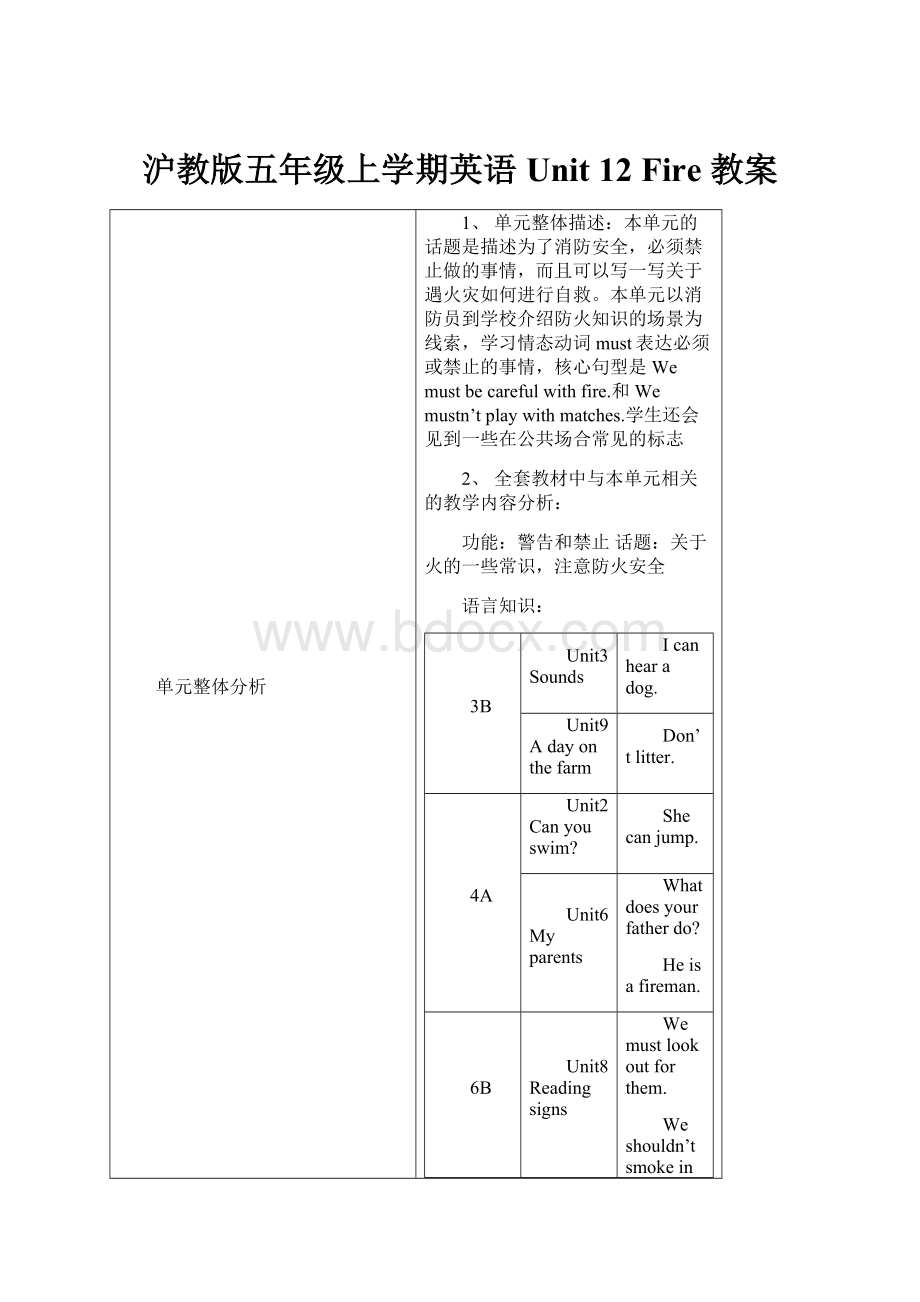 沪教版五年级上学期英语Unit 12 Fire 教案.docx