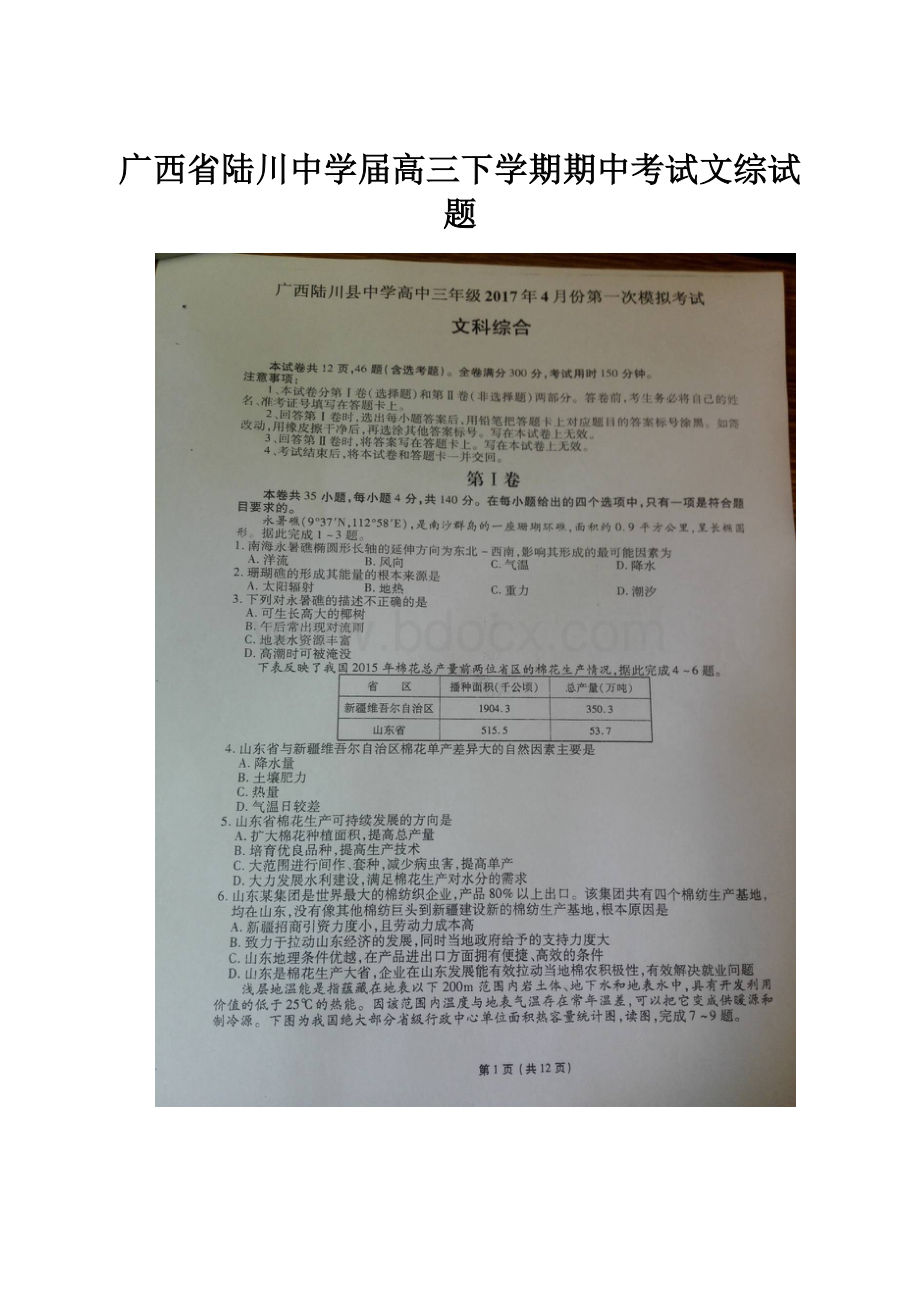 广西省陆川中学届高三下学期期中考试文综试题.docx