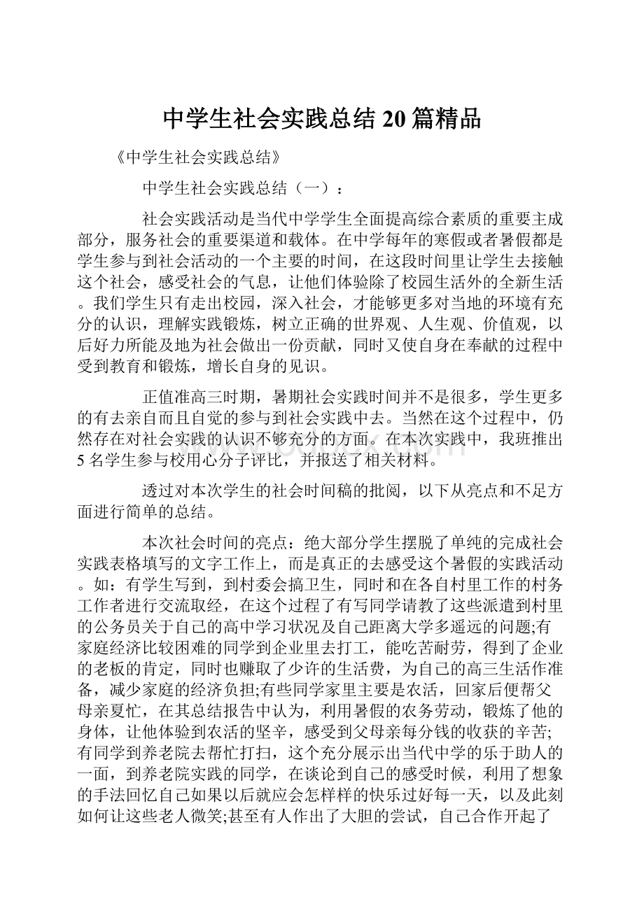 中学生社会实践总结20篇精品.docx_第1页