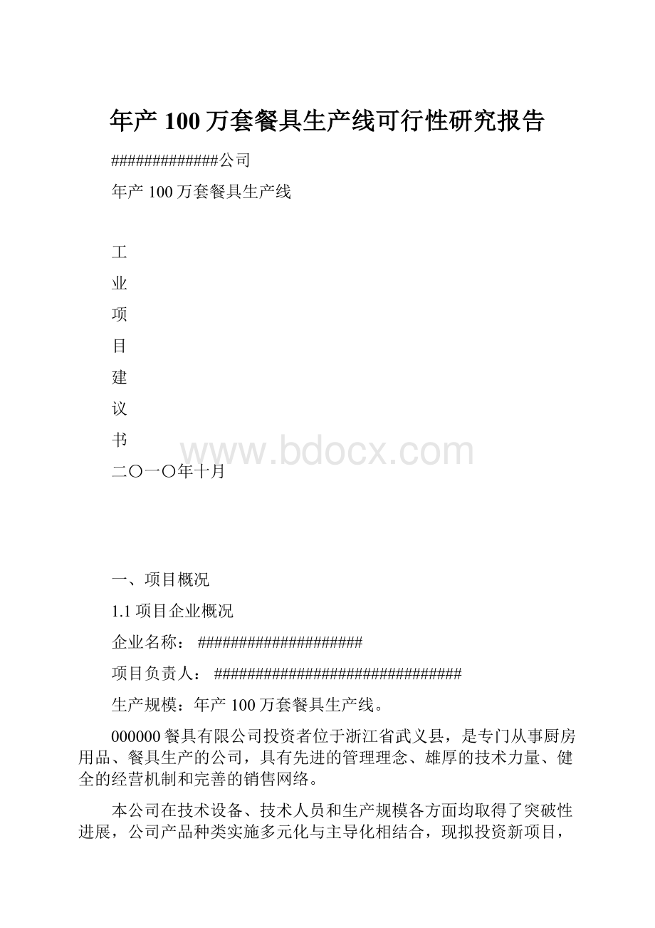 年产100万套餐具生产线可行性研究报告.docx_第1页