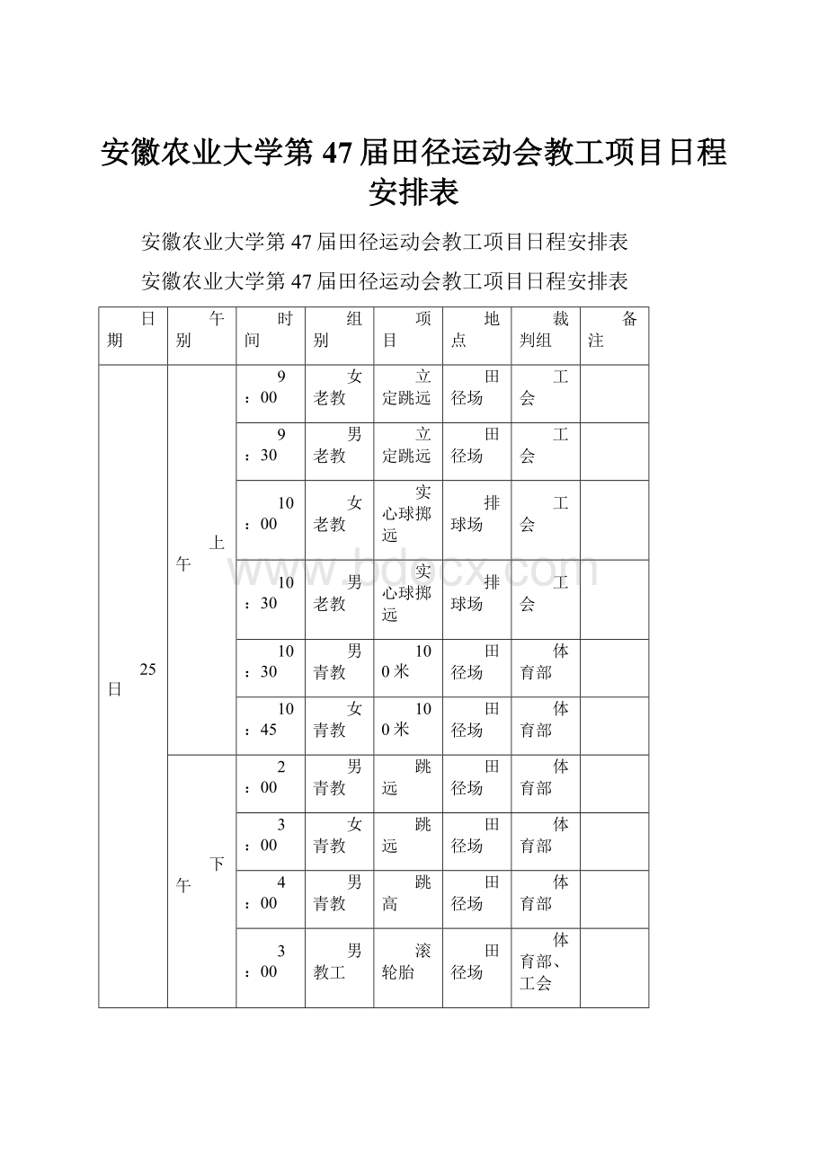 安徽农业大学第47届田径运动会教工项目日程安排表.docx