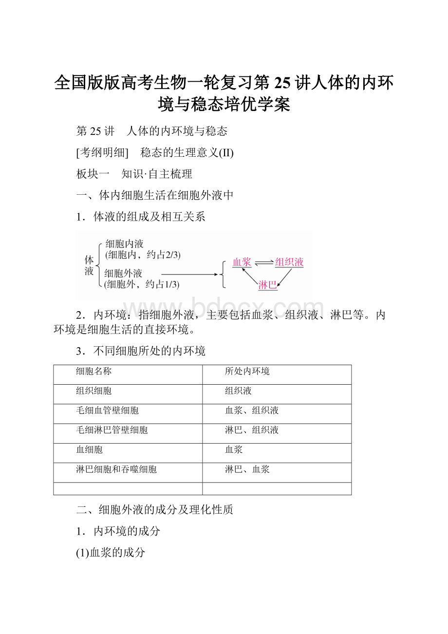 全国版版高考生物一轮复习第25讲人体的内环境与稳态培优学案.docx