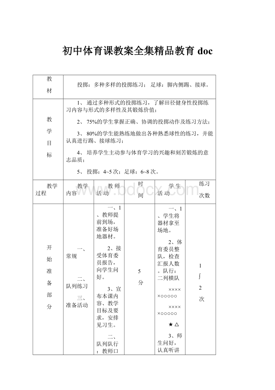 初中体育课教案全集精品教育doc.docx