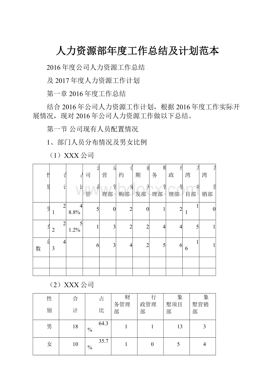 人力资源部年度工作总结及计划范本.docx