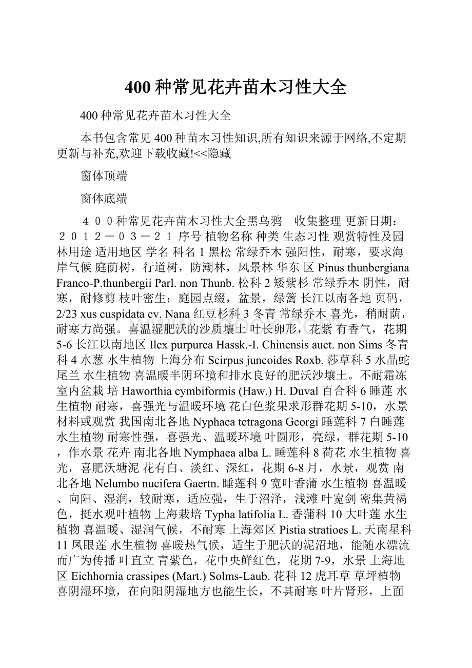 400种常见花卉苗木习性大全.docx_第1页