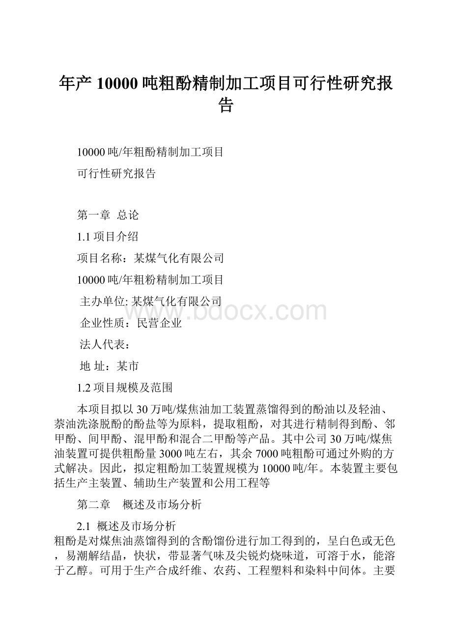 年产10000吨粗酚精制加工项目可行性研究报告.docx