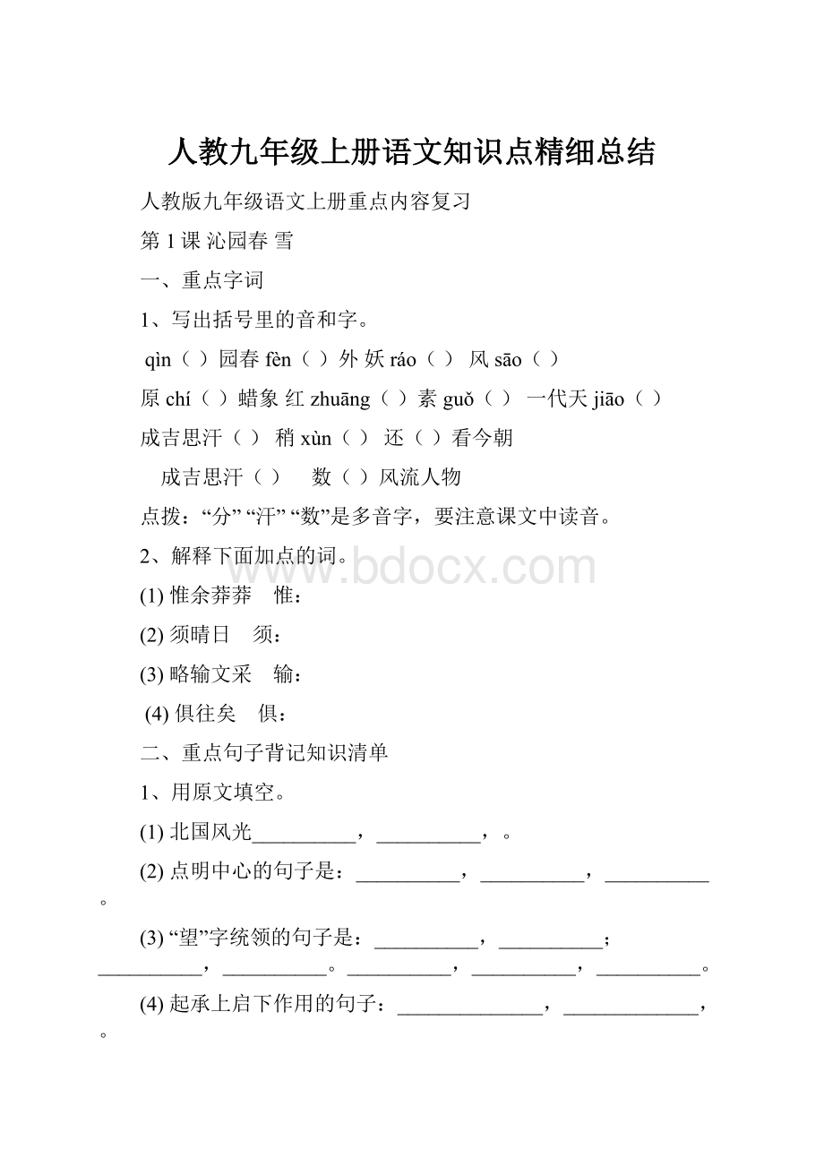 人教九年级上册语文知识点精细总结.docx_第1页