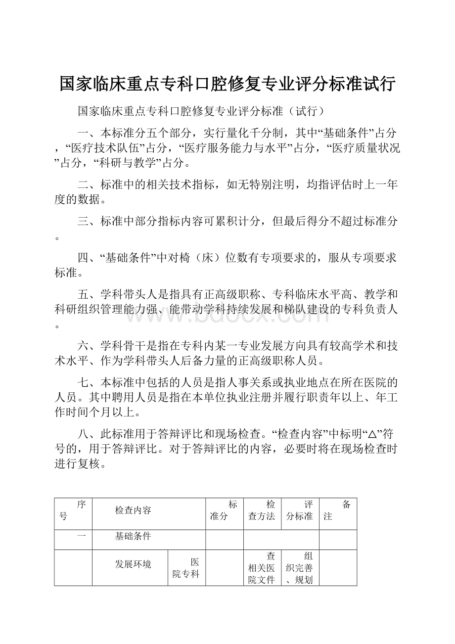 国家临床重点专科口腔修复专业评分标准试行.docx_第1页