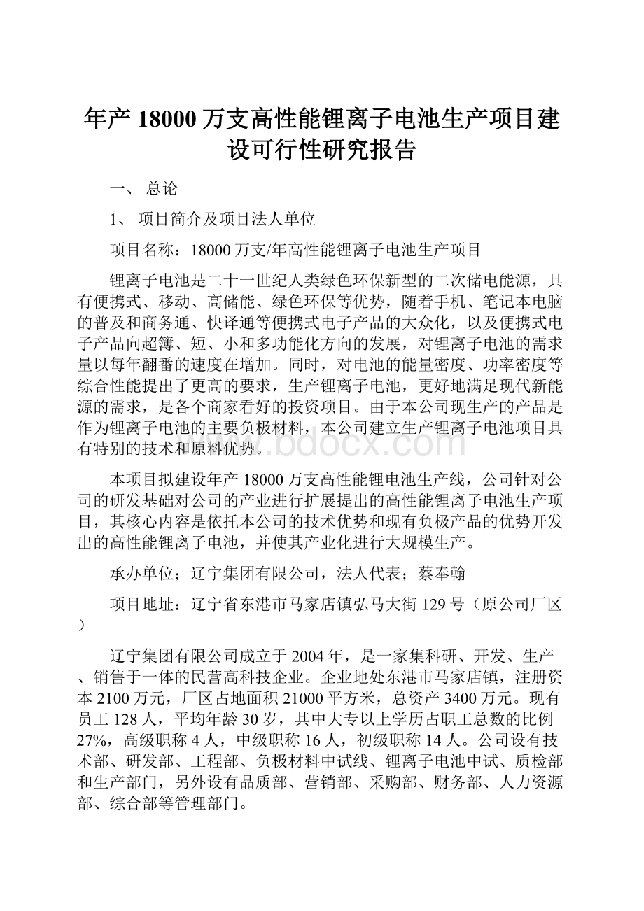 年产18000万支高性能锂离子电池生产项目建设可行性研究报告.docx_第1页