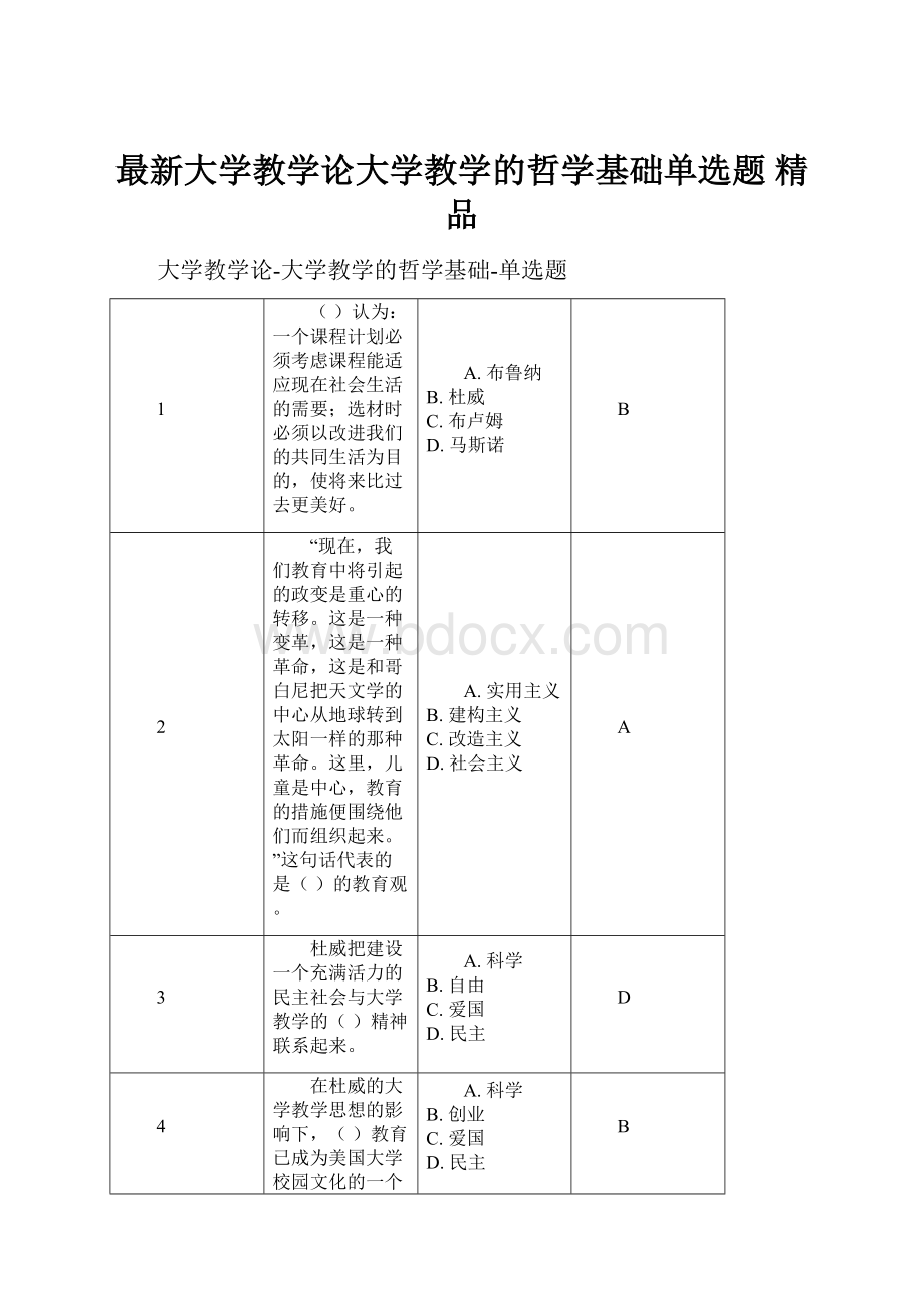 最新大学教学论大学教学的哲学基础单选题 精品.docx