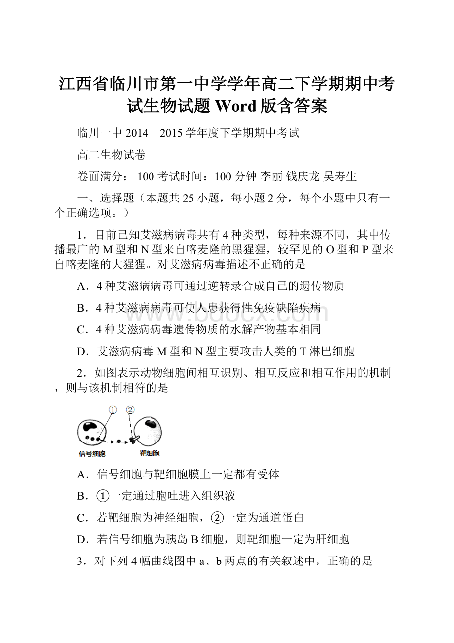 江西省临川市第一中学学年高二下学期期中考试生物试题 Word版含答案.docx