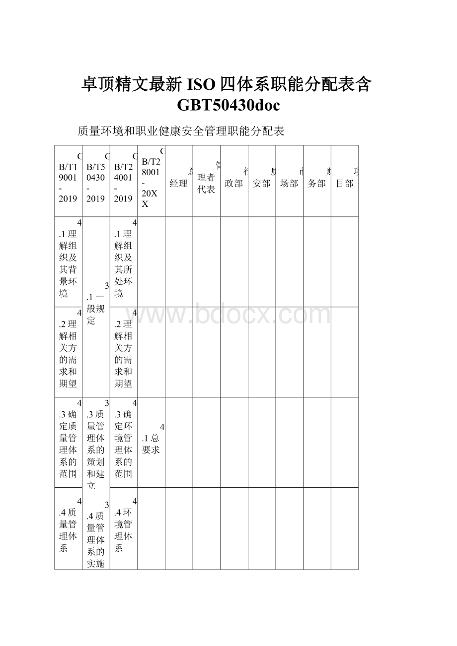 卓顶精文最新ISO四体系职能分配表含GBT50430doc.docx