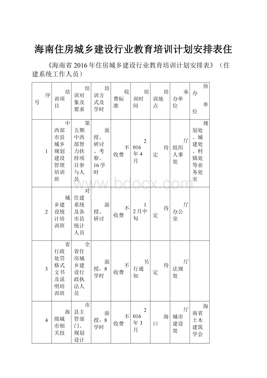 海南住房城乡建设行业教育培训计划安排表住.docx